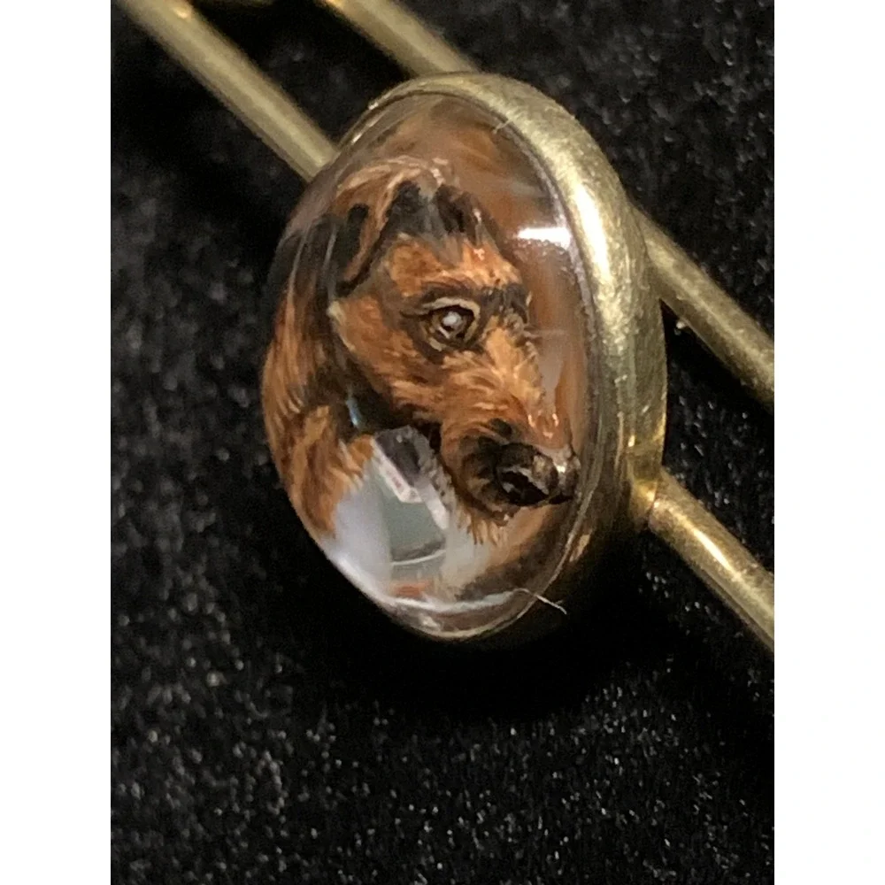 Antique 14K Gold Essex Crystal Airedale Terrier Dog Reverse Intaglio Bar Pin